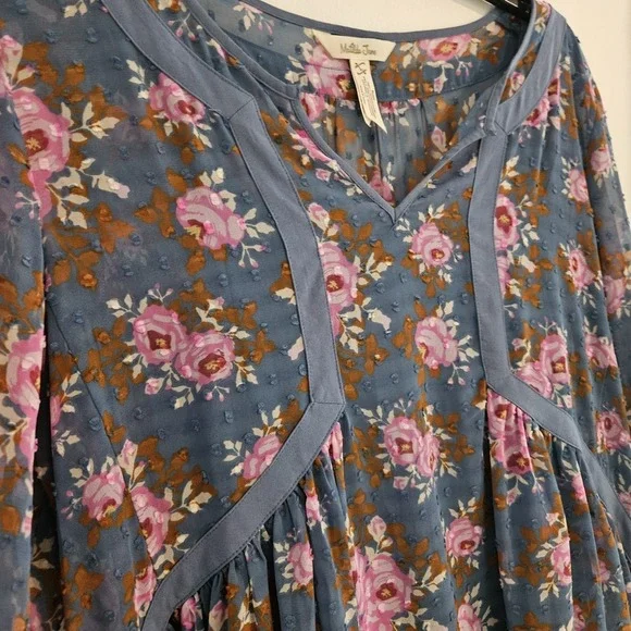 Matilda Jane Floral Flutter Twirl Dress L Women Balloon Sleeve Swiss Dot Midi Bl - Picture 2 of 11